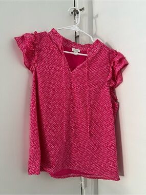 J. Crew Hot Pink Geo Ruffle Sleeve Blouse